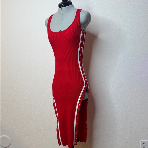 Hera Collection Dresses & Skirts - HERA Red Ribbed Bodycon Dress Side Slits Cutout Sporty Casual Athleisure S